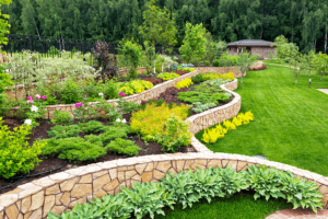 Terraced landscape garden beds with hardscaping